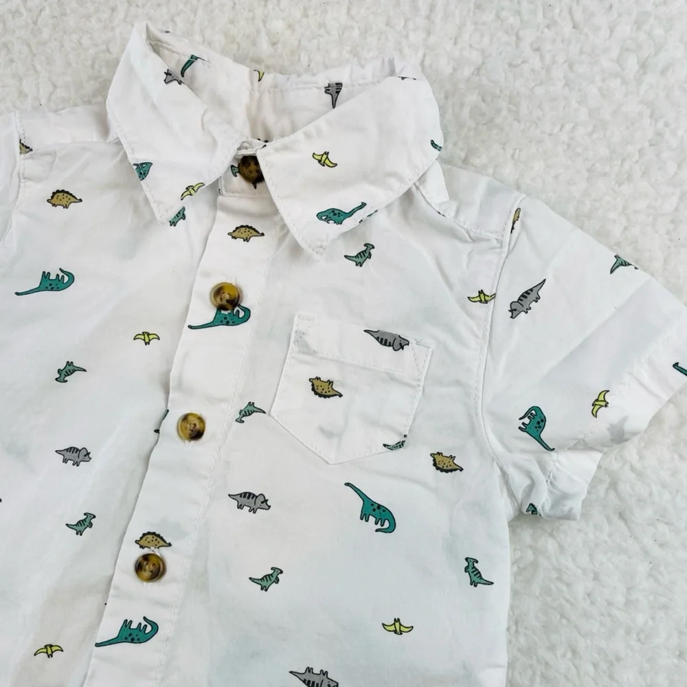 CARTER’S • White/Multi Dinosaur Print Button-Down Short Sleeve Shirt, 3M